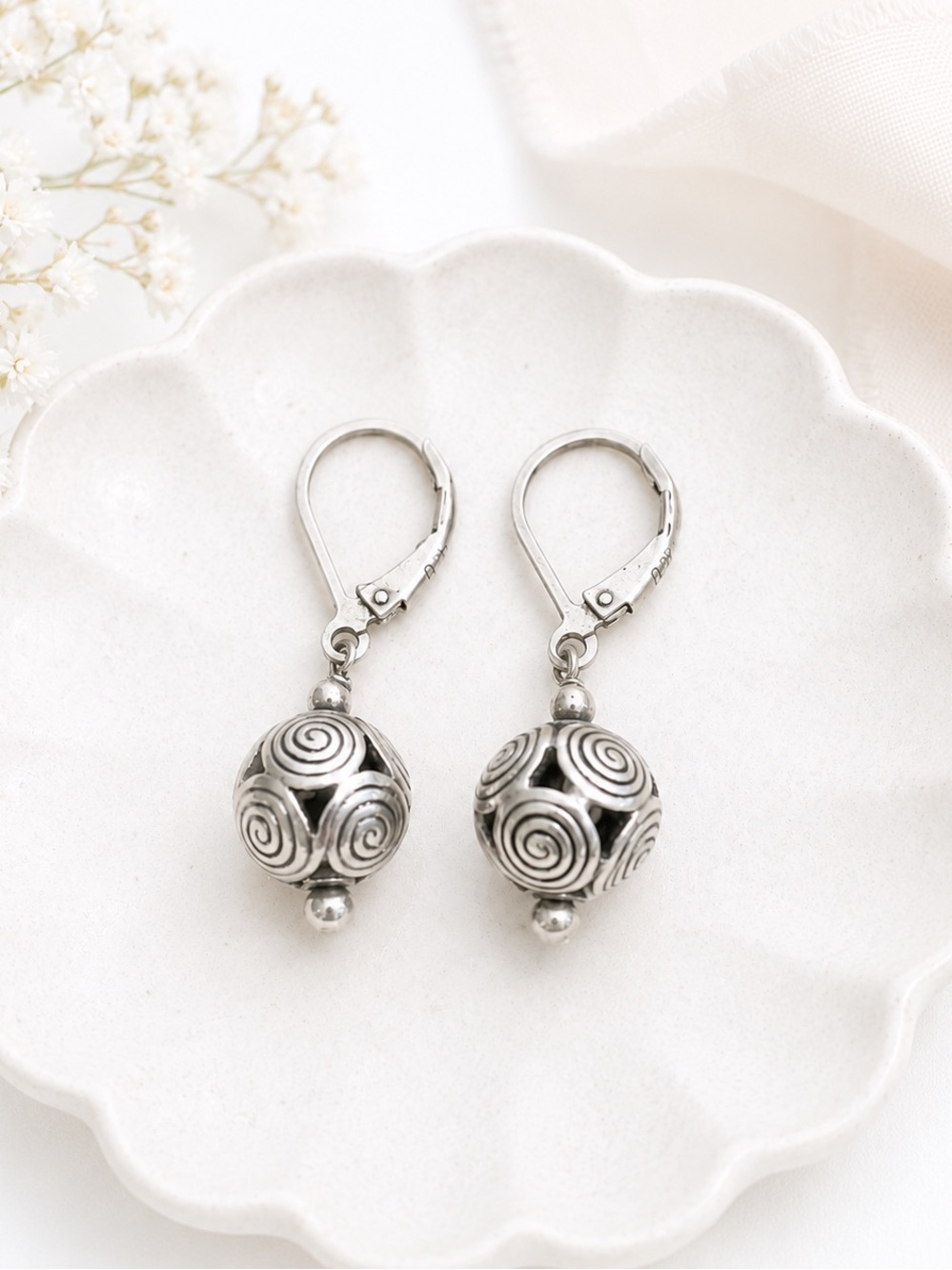 Vintage Sterling Silver 925 Swirl Ball Drop Earrings